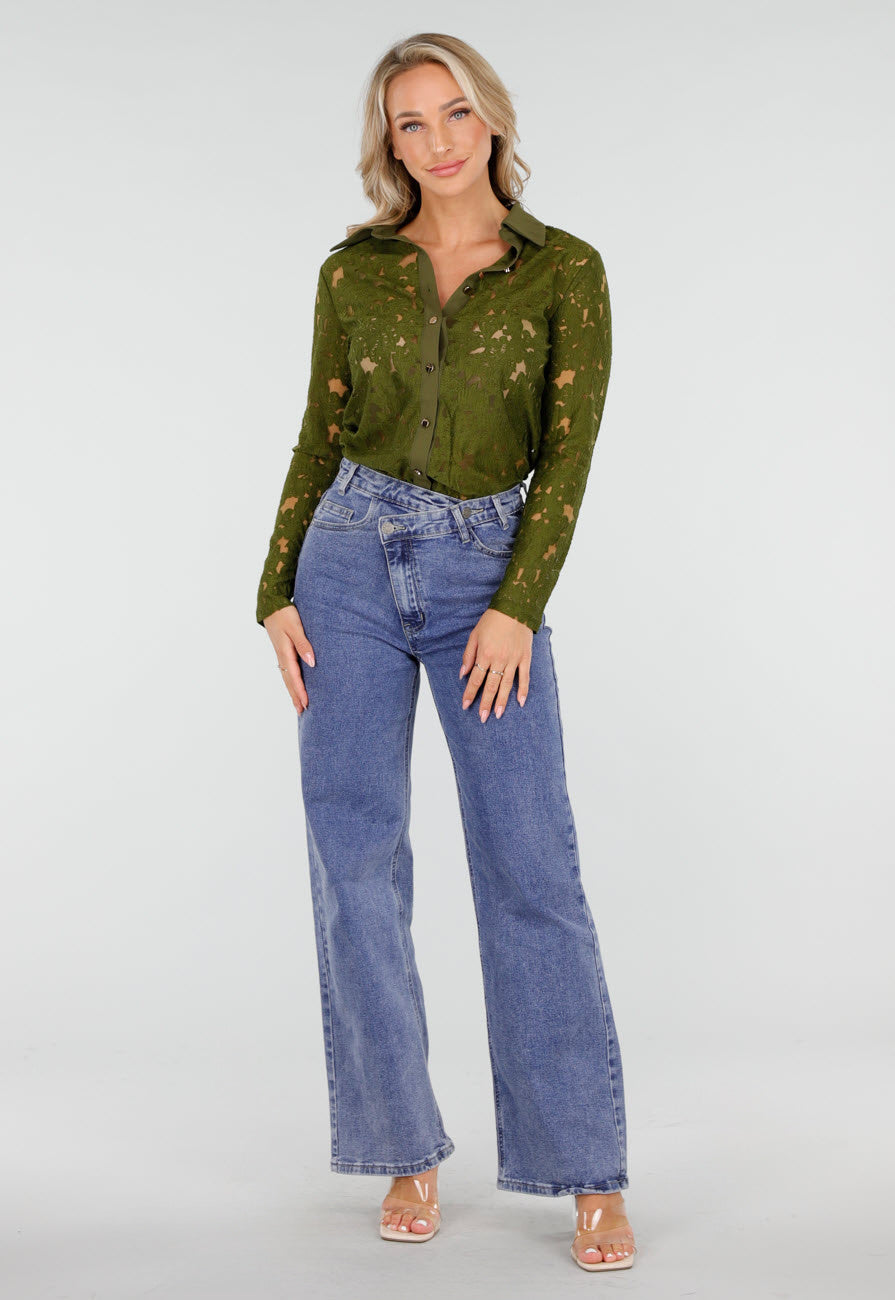 Groene Kanten Blouse met Lange Mouwen en Knoopsluiting