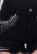 Zwarte Denim Short met Strass Steentjes en Rafelrand