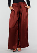 Satijnen Bordeaux Rode Wide Leg Broek met Elastische Taille