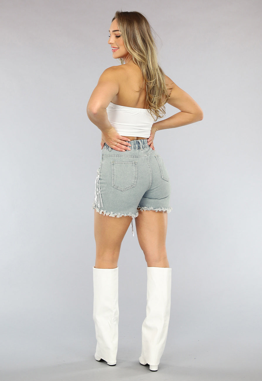 Denim Short met Fringe en Elastische Taille