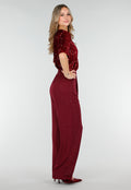 Bordeauxrode Linnenlook Glitter Pantalon met Stretchband