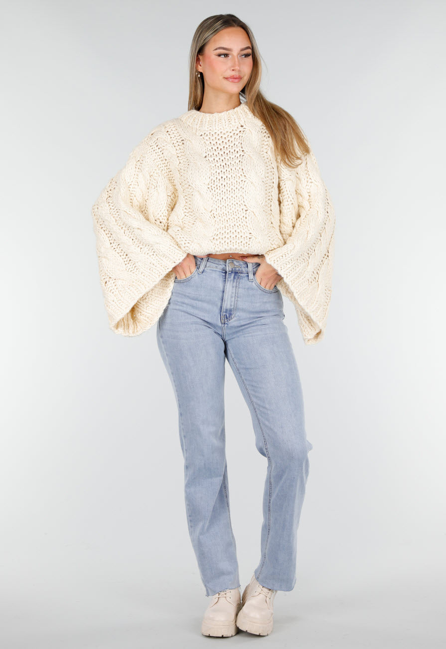 Cream Oversized Grofgebreide Kabeltrui met Lange Mouwen