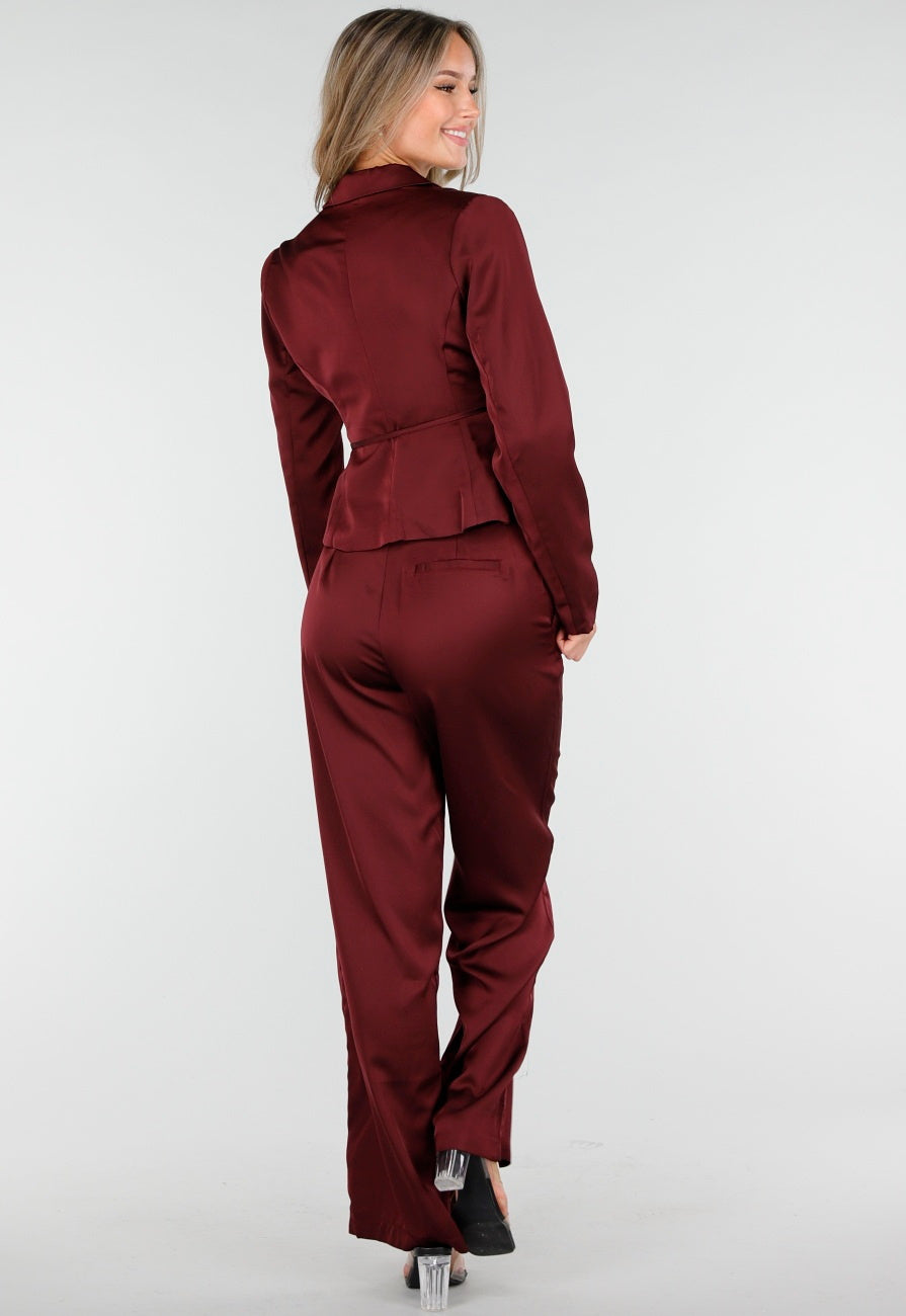 Bordeauxrode Satijnlook Wide Leg Broek met Hoge Taille