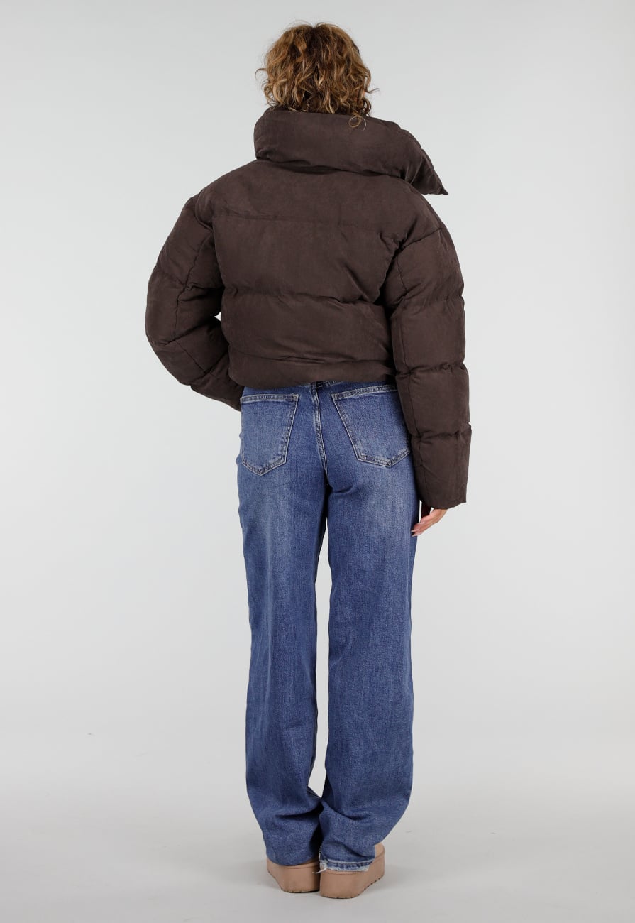 Zachte Bruine Korte Puffer Winterjas met Hoge Kraag
