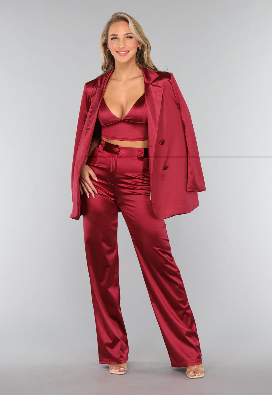Burgundy Pantalon van Stretch Satijn in Model