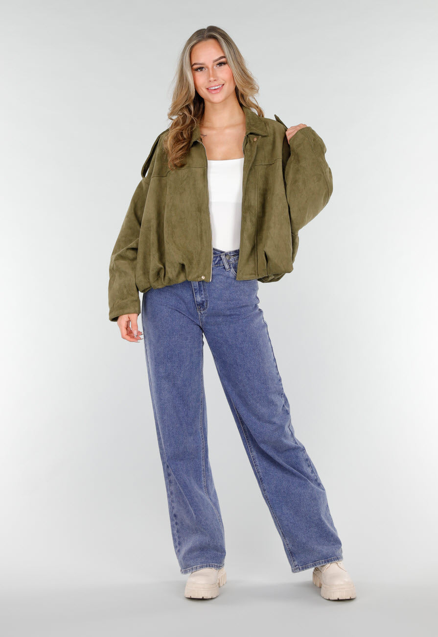 Olijfgroene Oversized Jas van Suède Look met Kraag en Lange Mouwen
