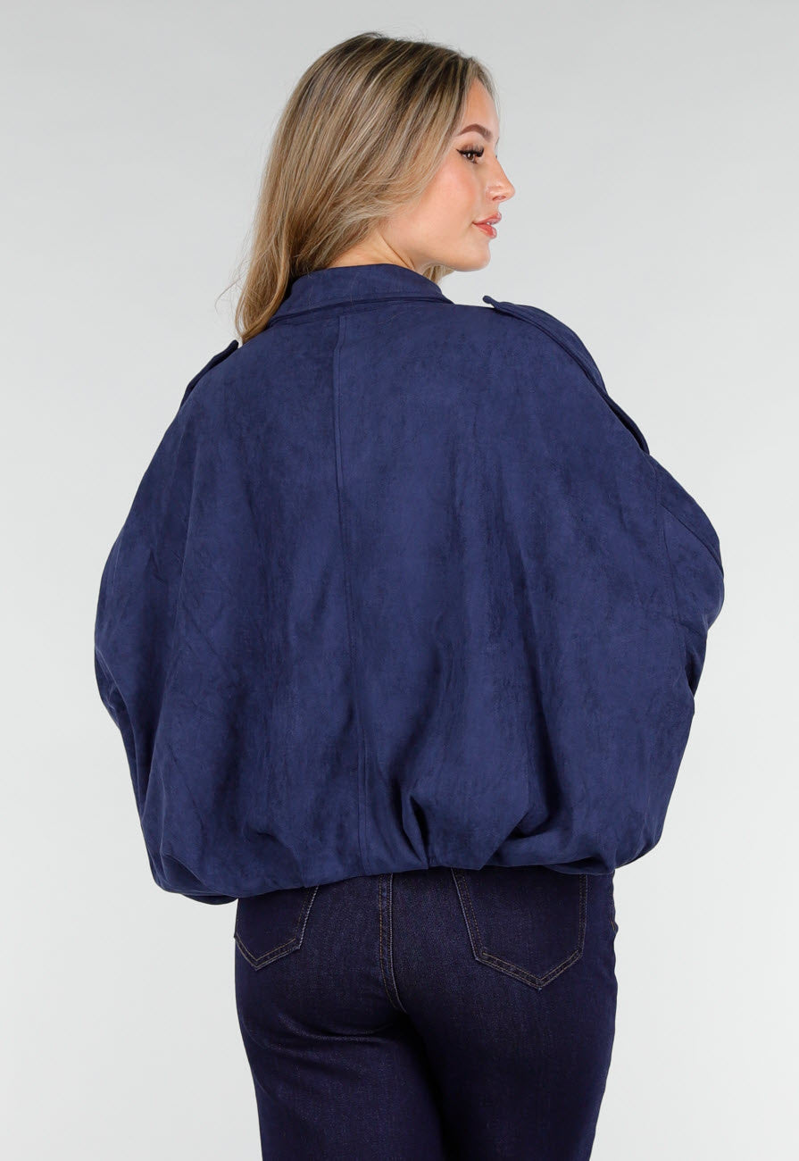 Donkerblauw Suèdelook Jasje met Rits- en Knoopsluiting