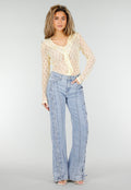 Butter Yellow Kanten Blouse met Lange Mouwen en Ruffle Detail