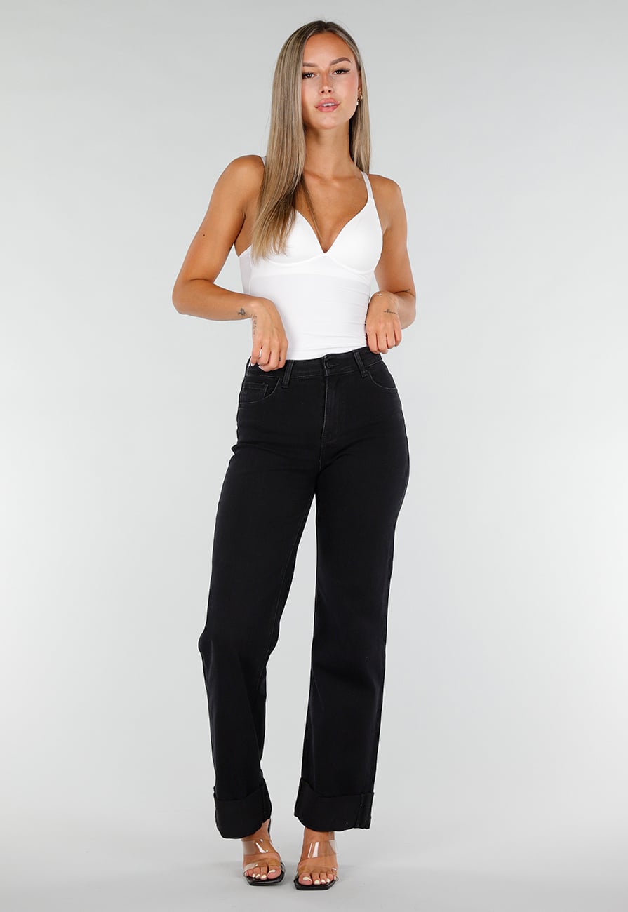 Zwarte Denim Straight Leg Jeans met Brede Omslag