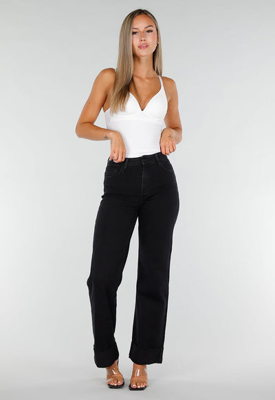 Zwarte Denim Straight Leg Jeans met Brede Omslag