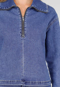 Redial Jeans  Denim Top met Halve Rits en Opstaande Kraag in Blauw