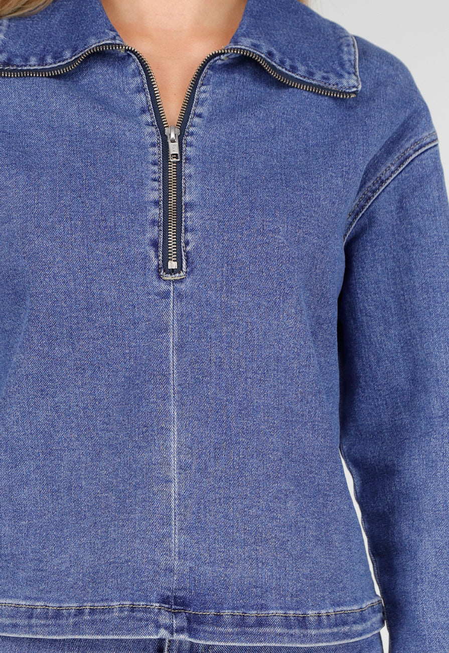 Redial Jeans  Denim Top met Halve Rits en Opstaande Kraag in Blauw