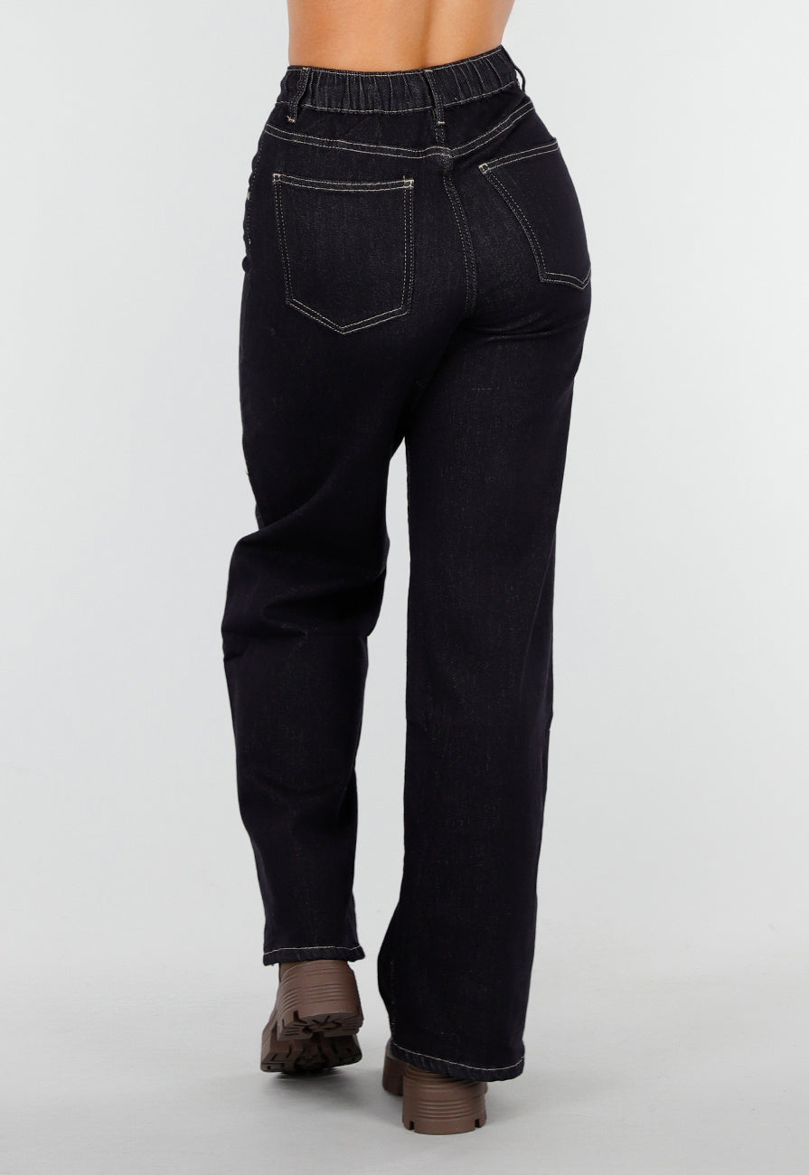 Redial Jeans  Donkerblauwe Wide Leg Jeans met Elastische Taille en Strikkoord