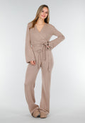 Beige Gebreide Wikkeltop met Strikceintuur en Lange Mouwen