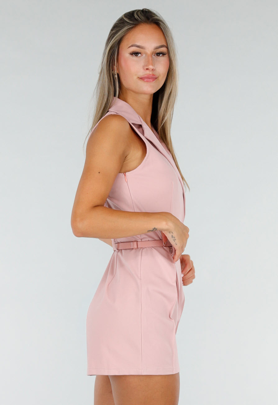 Roze Mouwloze Playsuit met Revers, Riem, Rits en Stretch