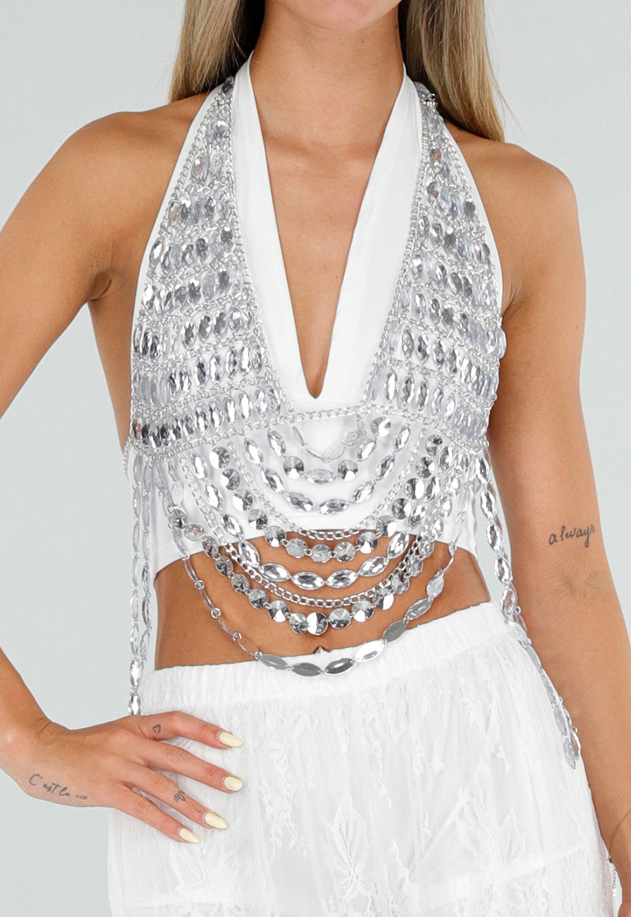 Zilverkleurige Bodychain met Strass Stenen en Kettingen