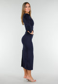 Navy Midi Jurk met Lange Mouwen en Goudkleurige Ringdetail
