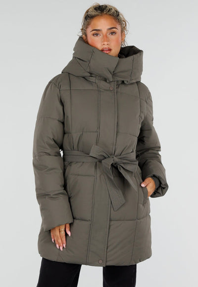 Khaki Gewatteerde Winterjas met Capuchon en Ceintuur