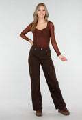 Bruine Mesh Top met Lange Mouwen en Hartvormige Halslijn
