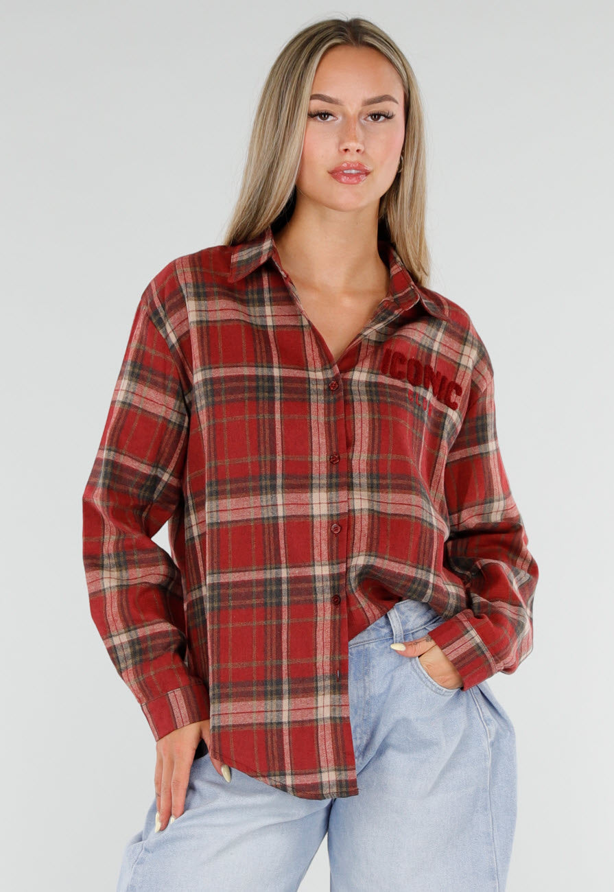 Rode Geruite Blouse met Lange Mouwen en Iconic Club Tekst