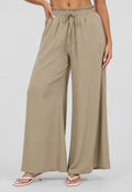 Taupe Wide Leg Broek met Smock Taille en Strikkoord