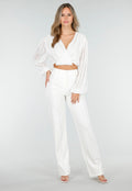 Witte Crop Blouse met V-Hals en Luchtige Mouwen