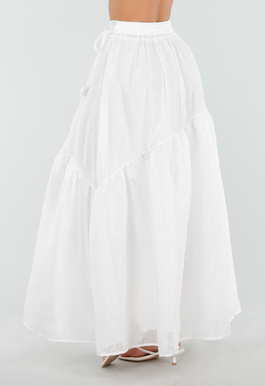 Witte Maxi Rok met Strikceintuur en Volant