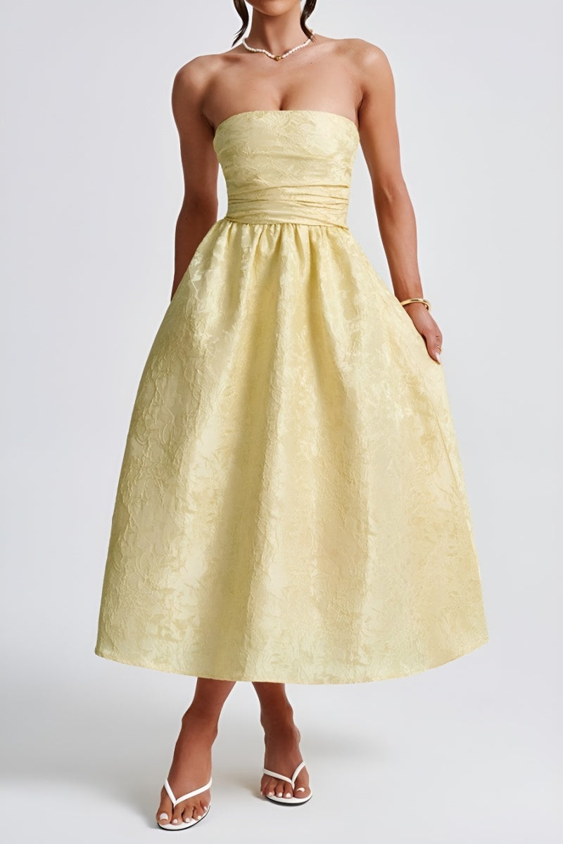 Strapless Midi Jurk in Butter Yellow met Jacquardlook
