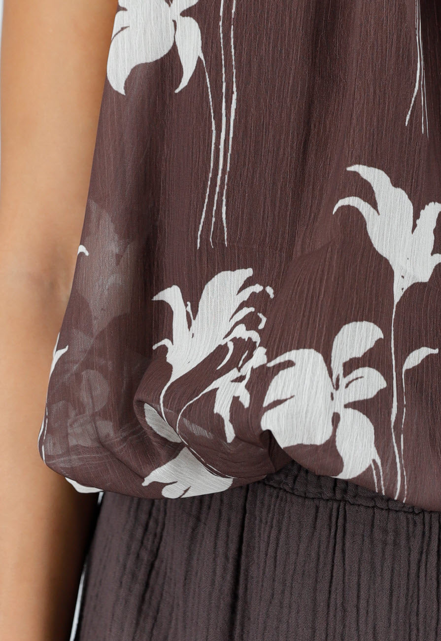 Bruine Halter Top met Witte Bloemenprint