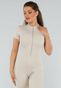 Beige Sport Jumpsuit met Korte Mouwen en Rits