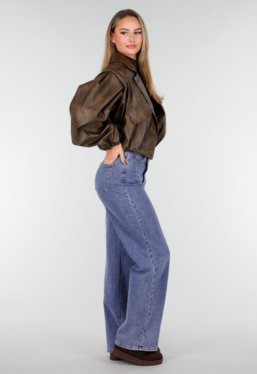 Bruin Oversized Faux Leather Jasje met Pofmouwen