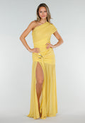 Gele One Shoulder Mesh Maxi Jurk met Split en Drapering