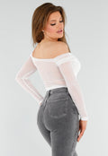 Stretch Off-Shoulder Top in Wit met Meshlook
