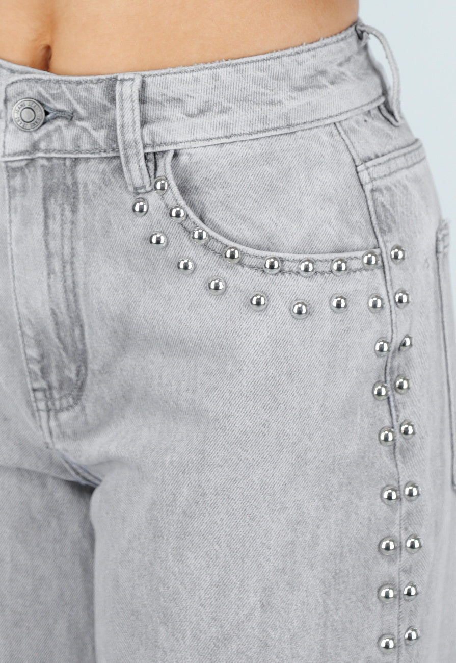 Grijze Wide Leg Jeans met Stud Details en High Waist Pasvorm