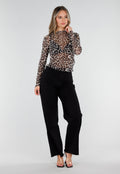 Bruine Panterprint Mesh Top met Lange Mouwen