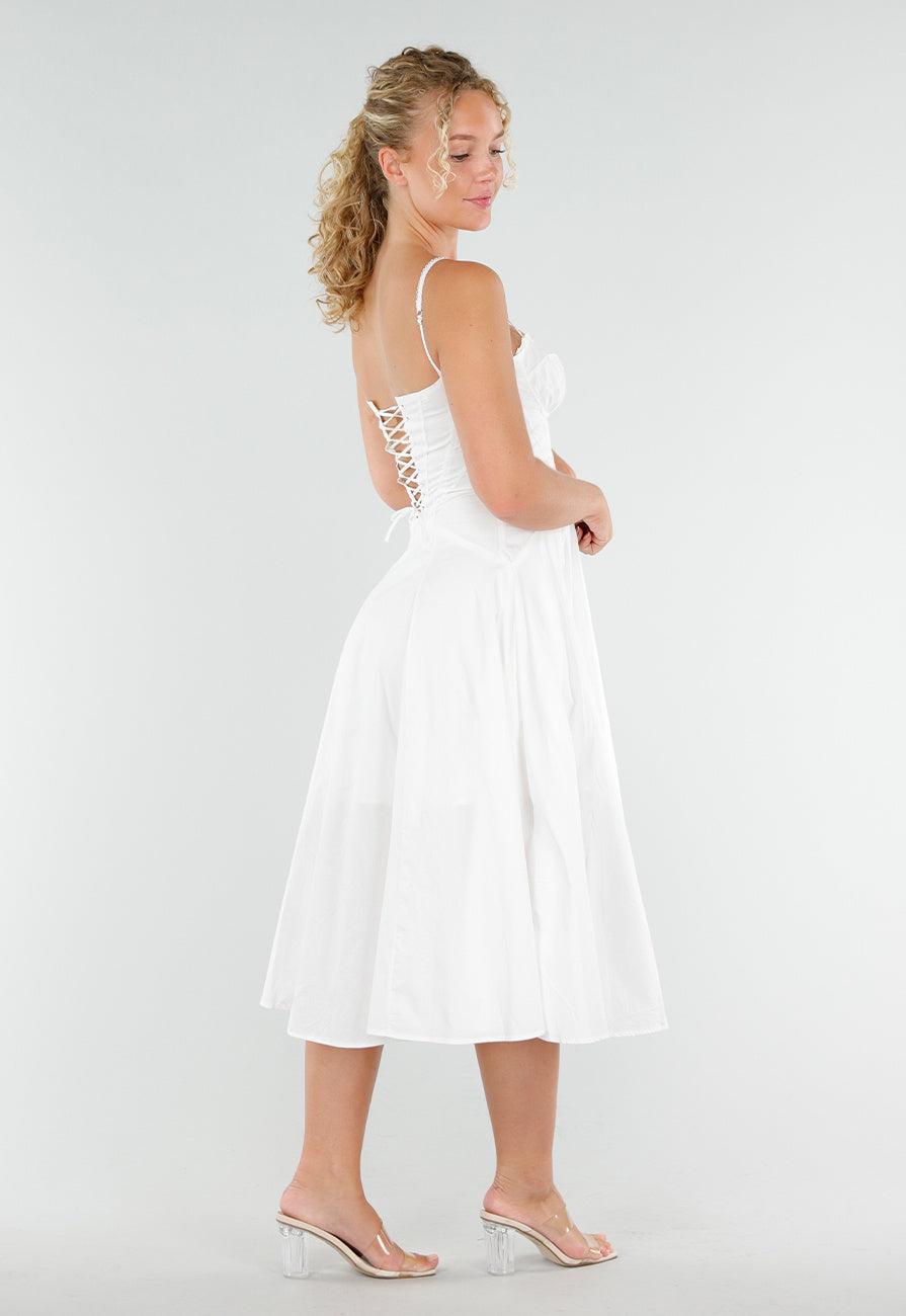 Witte Midi Jurk met Korset Top en Crochet Randje
