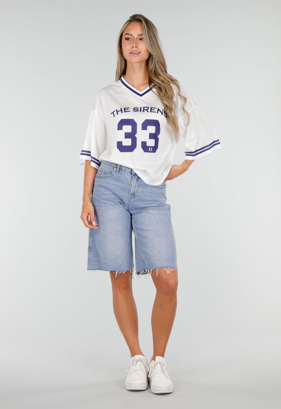 Witte Mesh Oversized Jersey T-Shirt met V-Hals
