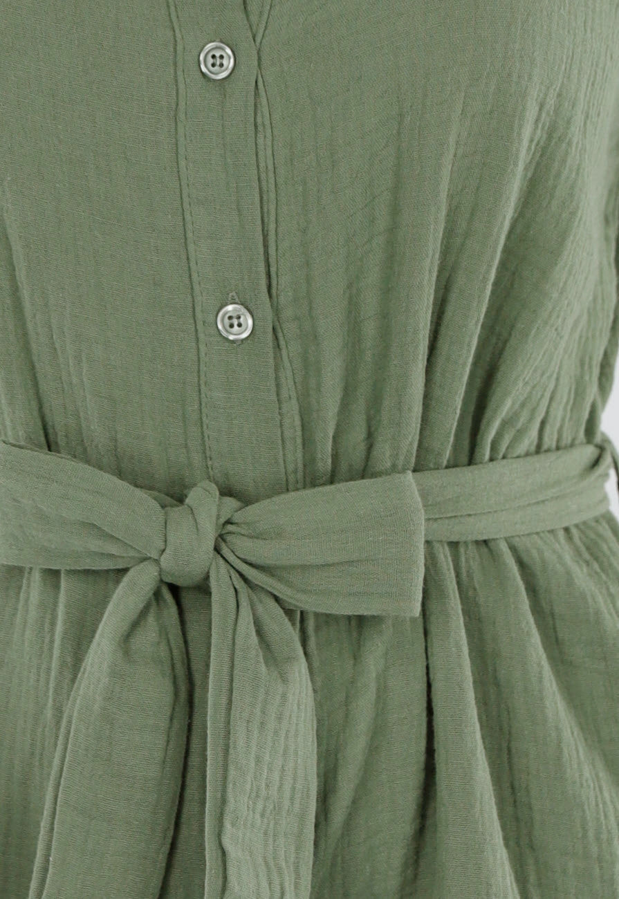 Khaki Playsuit van Katoen met Zakken en Tailleceintuur