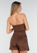 Bruine Strapless Suede Top met Stretch en Plooien