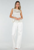 Witte Peplum Top met Zwarte Stippen en Ronde Hals