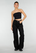 Zwarte Cargo Broek met Strass Details en Rechte Pijpen