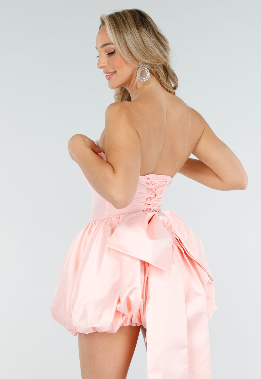 Lichtroze Strapless Jurk met Ballonrok en Afneembare Strik