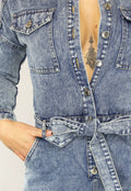 Acid Washed Denim Jumpsuit met Lange Mouwen en Tailleband