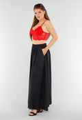 Zwarte Linnenlook Maxi Rok met Elastische Tailleband