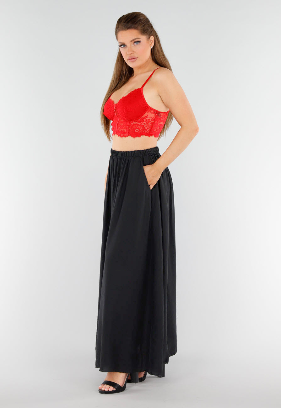 Zwarte Linnenlook Maxi Rok met Elastische Tailleband