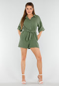 Khaki Playsuit van Katoen met Zakken en Tailleceintuur