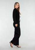 Zwarte Cardigan met Witte Striksluiting en Lange Mouwen