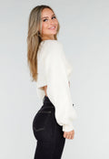 Gebroken Witte Cropped Trui met Ballonmouwen en  V-Hals