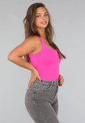 Fel Roze Mouwloze Body met Vierkante Hals