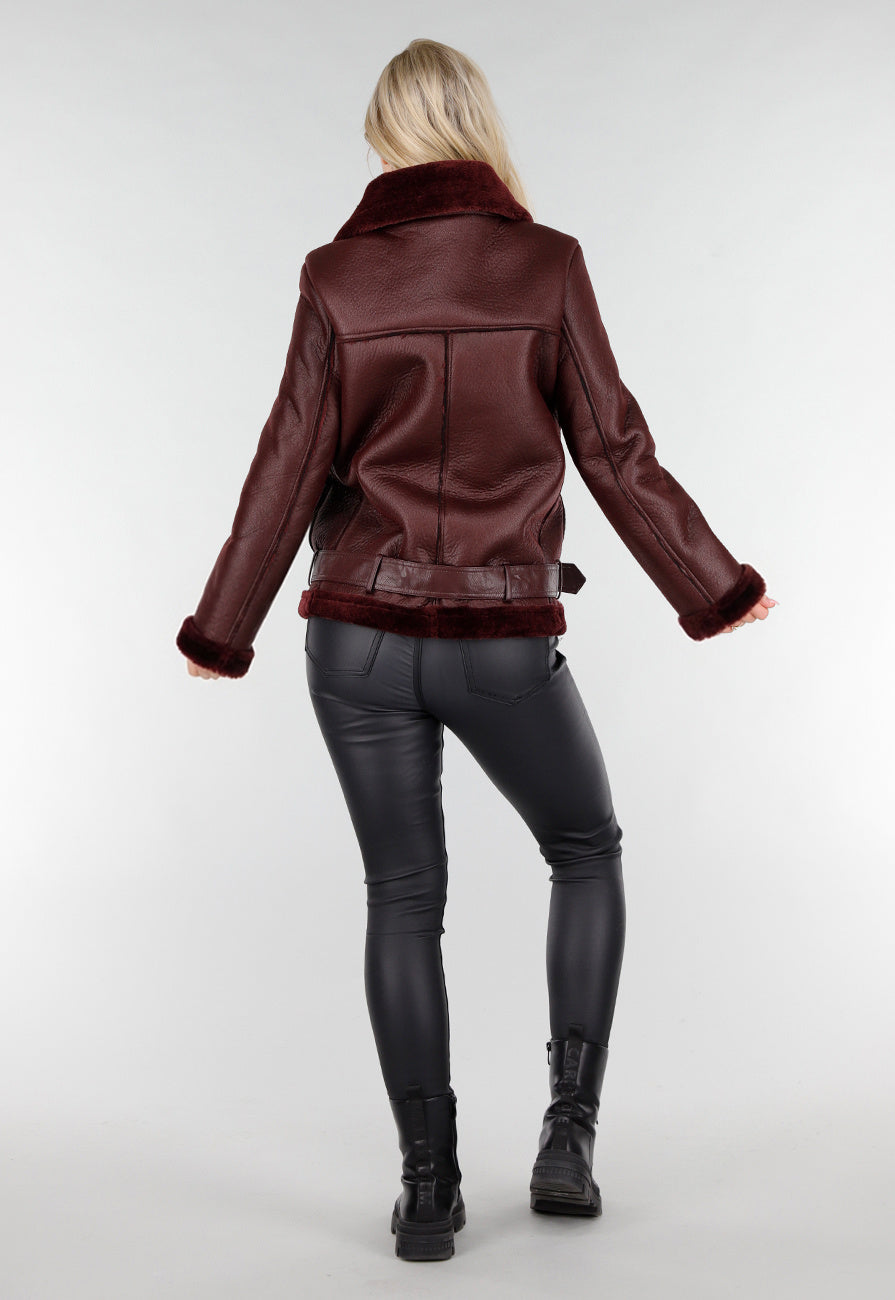 Bordeaux Rode Imitatie Leren Biker Jas met Faux Fur